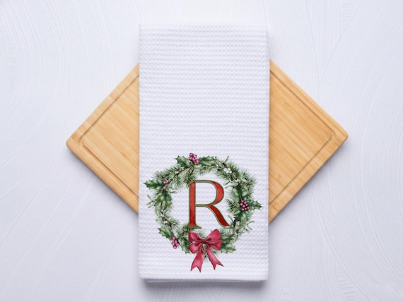Personalized Monogram Wreath Christmas Waffle Weave Hand Towel: Holiday Decor