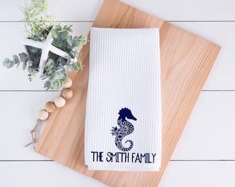 Nautical Hand Towel for Kitchen and Bathroom, Personalized Seahorse Home Decor, Housewarming Realtor Gift, Beach House Coastal Decor