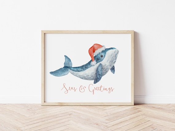 Santa Whale Christmas Art: Coastal Holiday Print (Digital Download)
