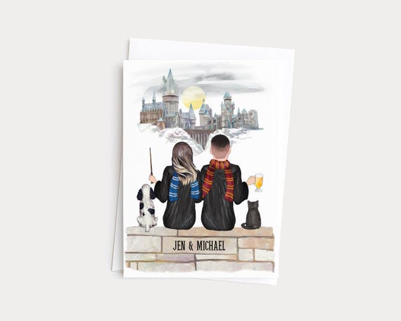 Wizard Couple Art Greeting Card with Pets, Frameable Custom Portrait Gift
