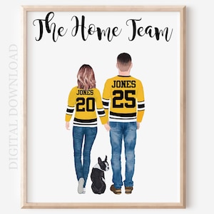 Portrait de couple hockey personnalisé, illustration en téléchargement numérique, cadeau de fiançailles et de mariage, cadeau de pendaison de crémaillère pour jeunes mariés, famille