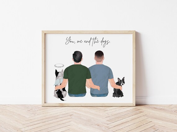 You Me and The Dogs Personalized Gay Couple Portrait with Pets, Digital Download