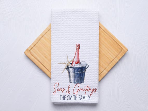 Seas and Greetings Coastal Christmas Wine Hand Towel for Nautical Kitchen & Bathroom