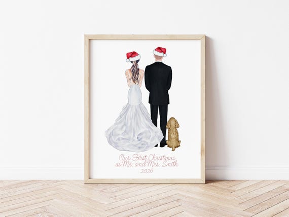 Bride and Groom Our First Christmas Digital Download Portrait With pets
