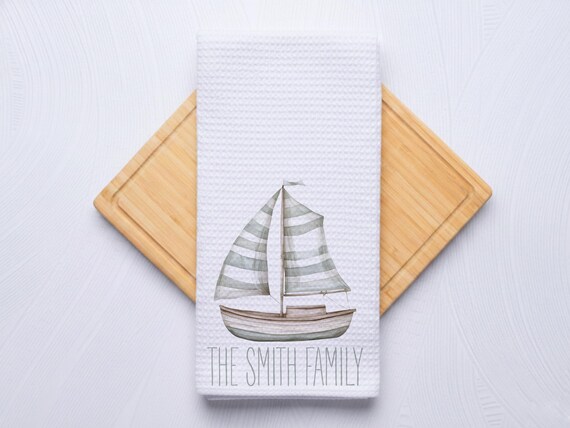 Custom Sailboat Towel for Kitchen and Bathrooms, Coastal Hostess Gift