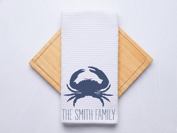 Personalized Crab Kitchen and Bath Hand Towel, Coastal Hostess Gift