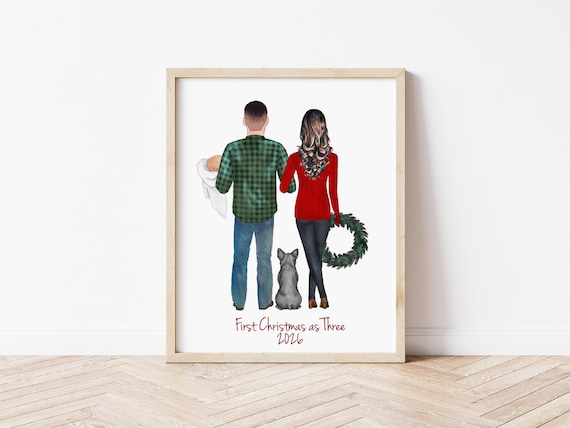 First Christmas as 3 Personalized Holiday Portrait for New Baby, Digital Download