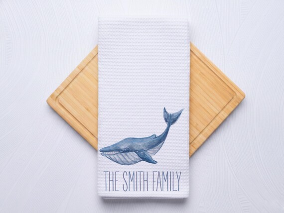 Watercolor Whale Hand Towel for Kitchen and Bath, Personalized Coastal Beach Home Decor