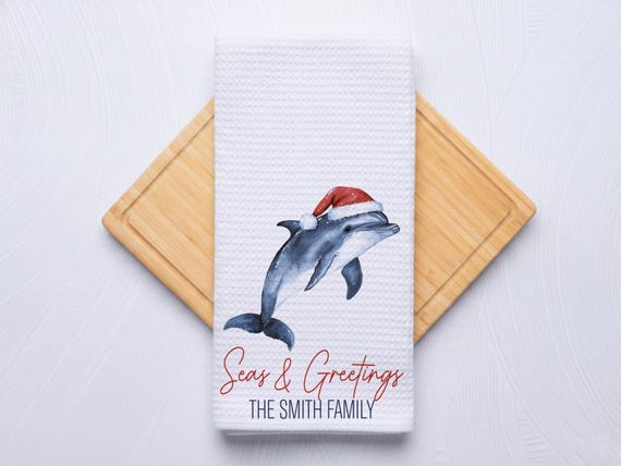Seas and Greetings Coastal Christmas Dolphins Hand Towel for Nautical Kitchen & Bathroom