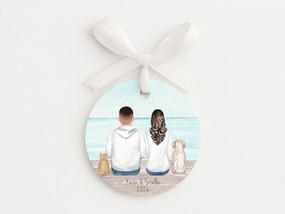 Personalized Christmas Ornament • Family and Pets Portrait • Engagement Party
