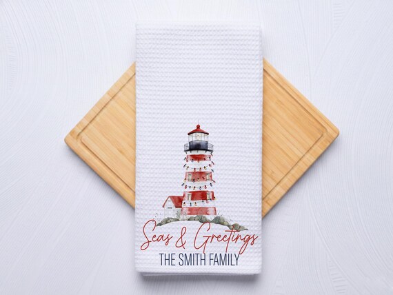 Seas and Greetings Coastal Christmas Light House Hand Towel for Nautical Kitchen & Bathroom