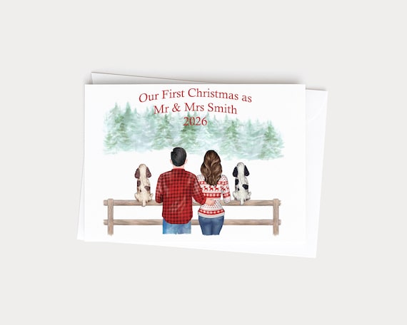 Our First Christmas Greeting Card with Personalized Pets and Couple
