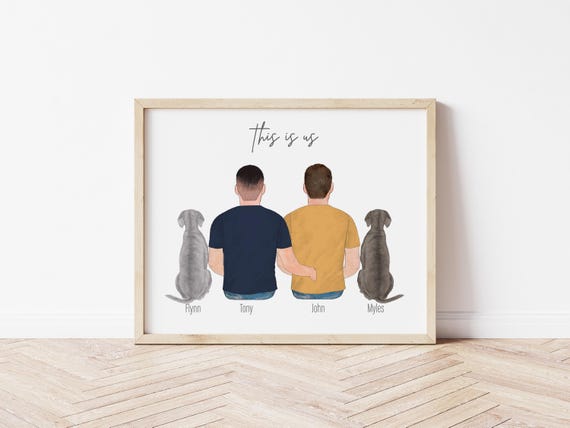 This is Us Personalized Gay Couple Portrait with Pets, Digital Download
