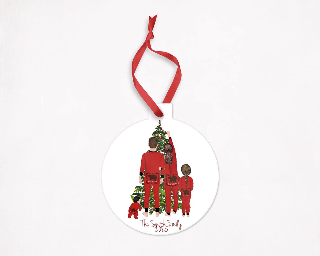 Personalized Family Christmas Ornament in Red Pajamas With Pet Dog and ...