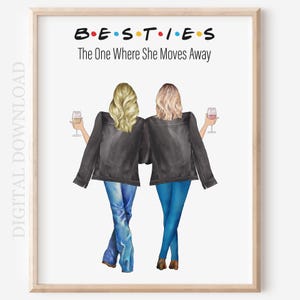 Afdrukbare digitale download Gepersonaliseerde besties Best Friends Soul Sisters portret in zwarte leren jassen, kunst aan de muur