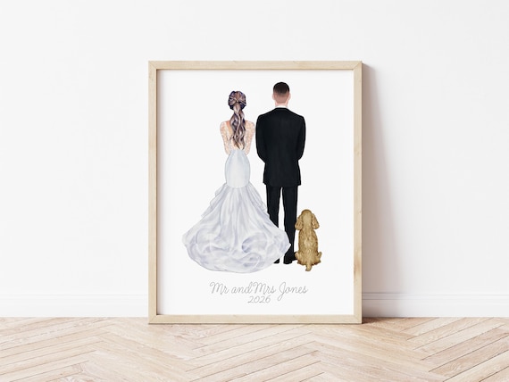Bride and Groom Personalized Wedding Day Portrait with Pets, Digital Download