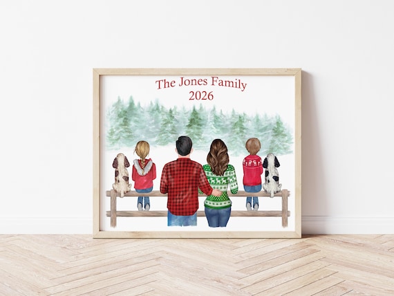 Personalized Christmas Family Portrait with Pets: Digital Download Holiday Decor