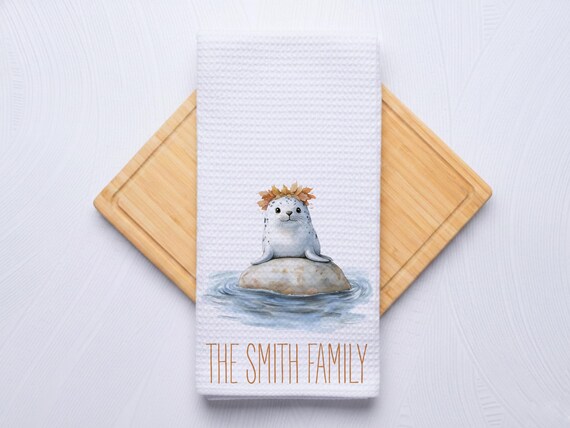 Fall Seal Personalized Coastal Hand Towel for Kitchen and Bathroom
