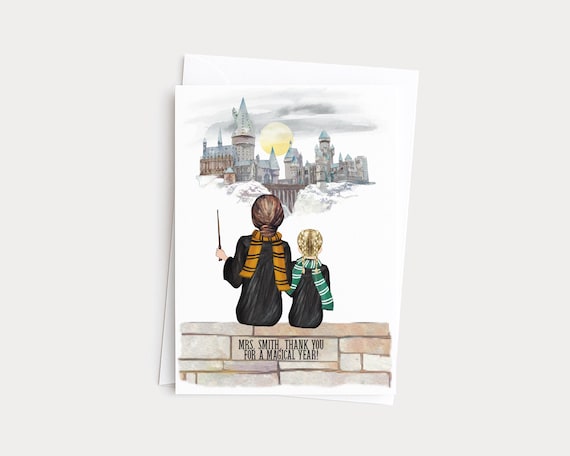 Wizard Teacher Gift, Personalized Greeting Card, Custom Illustration Portrait