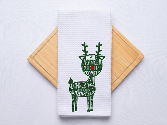 Personalized Kitchen Hand Towel • Reindeer Names • Hostess Party • Holiday Decor • Waffle Weave