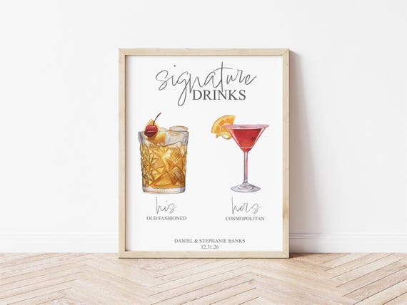 Signature Cocktails Custom Wedding Sign Portrait, Digital Download