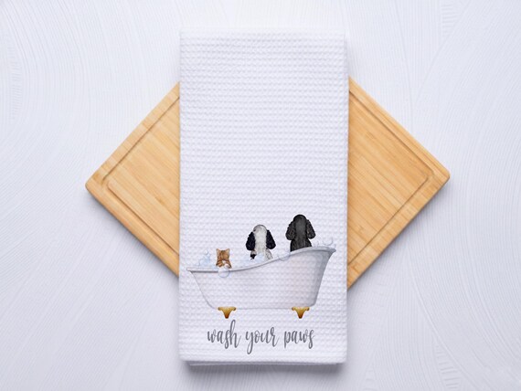 Wash Your Paws Gift Custom Pet Portrait Waffle Weave Kitchen Towel