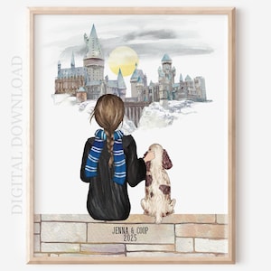 Personalized Wizard Best Friends and Pet Digital Download Portrait, Custom Illustration Gift for Girls & Boys, New Puppy or Kitty Cat or Dog