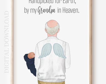 Personalized Portrait Gift, Handpicked for Earth By My Grandpa in Heaven Custom Illustration, Digital Download Gift for New Baby
