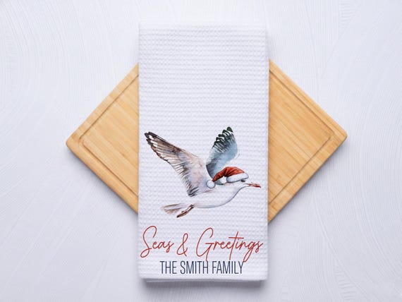 Seas and Greetings Coastal Christmas Seagull Hand Towel for Nautical Kitchen & Bathroom