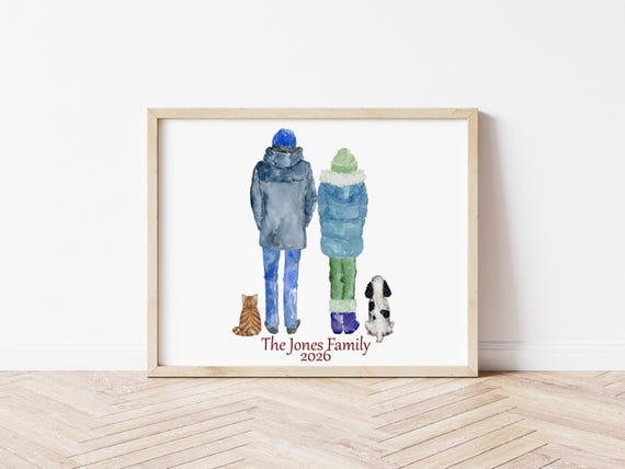 Winter Couple Art Portrait with Pets, Personalized Digital Download