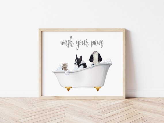 Wash Your Paws Gift Personalized Watercolor Bathtub Pet Portrait: Minimalist Digital Art (Digital Download)