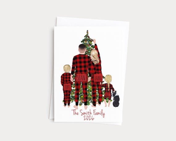 Buffalo Plaid Pajamas Family Portrait Christmas Greeting Card with Pets