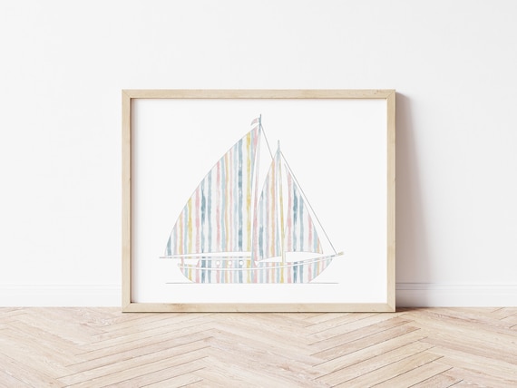 Striped Sailboat Watercolor Print: Nantucket Coastal Home Decor (Digital Download)