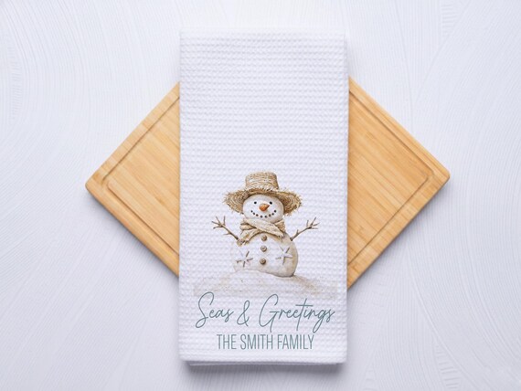 Coastal Snowman Coastal Christmas Hand Towel for Nautical Kitchen & Bathroom