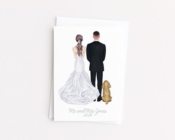 Personalized Wedding Card • Bride, Groom & Pets • Custom Bridal Shower Gift