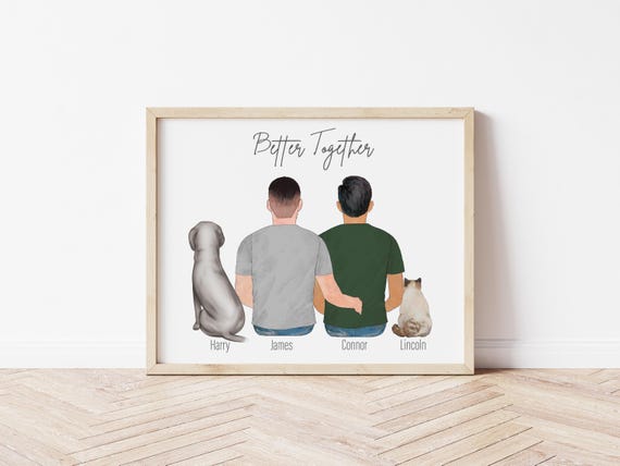 Better Together Personalized Gay Couple Portrait with Pets, Digital Download