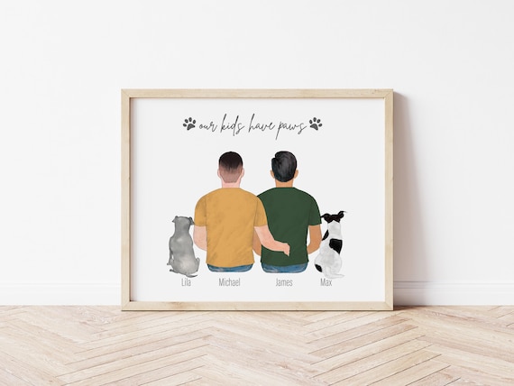 Our Kids Have Paws Personalized Gay Couple Portrait with Pets, Digital Download