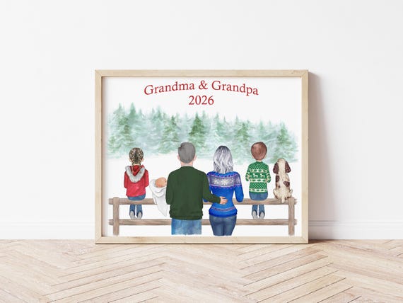 Personalized Christmas Grandparents and Grandkids Portrait with Pets: Digital Download Holiday Decor