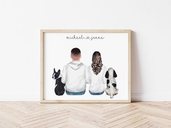 Personalized Couple & Pets Portrait – Anniversary Gift (Digital Download)