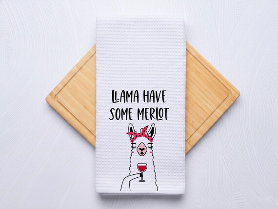 Llama Have Some Merlot Hand Towel: Waffle Weave Kitchen Decor Gift