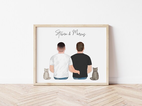 Personalized Gay Couple Portrait with Pets, Digital Download