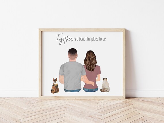 Together is Beautiful Personalized Couple & Pets Portrait: Digital Download Wall Art