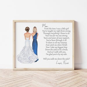 Portrait personnalisé de la mère de la mariée, poème « Walk Me Down the Aisle »