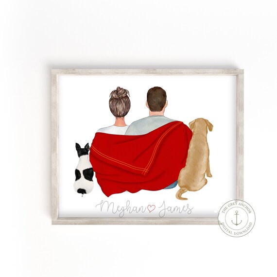Personalized Portrait Couple in Blanket and Pets Custom Etsy