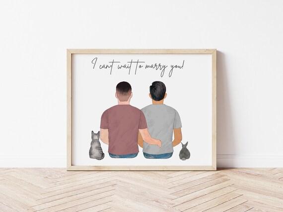I Can't Wait to Marry You Personalized Gay Couple Portrait with Pets, Digital Download