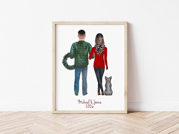 Personalized First Christmas Portrait: Couple & Pet Illustration (Digital Download)