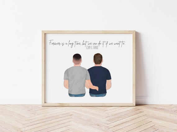 Forever Is a Long Time Personalized Gay Couple Portrait with Pets, Digital Download