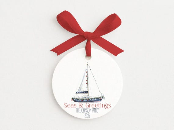 Christmas Sailboat Personalized Family Ornament • Nautical • Beach Theme • Seas & Greetings