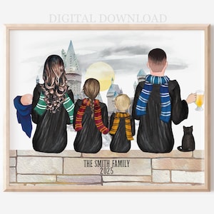 Personalized Wizard Family and Pets Digital Download Portrait Illustration, Custom Fan Portrait, Family Portrait Gift,, Wall Art