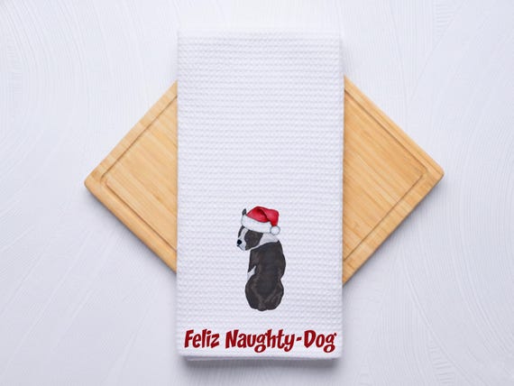 Feliz Naughty Dog Custom Pet Portrait Waffle Weave Kitchen Towel